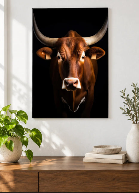 Horns of Plenty (Bull), shown as frameless acrylic artwork above a walnut console against a white wall.