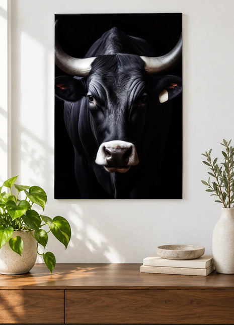 The Bold and the Bovine (Bull), shown as frameless acrylic artwork above a walnut console against a white wall.