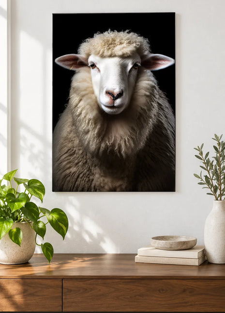 Woolly Welcome (Sheep), shown as frameless acrylic artwork above a walnut console against a white wall.