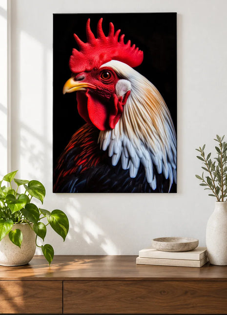 King of the Coop (Rooster), shown as frameless acrylic artwork above a walnut console against a white wall.