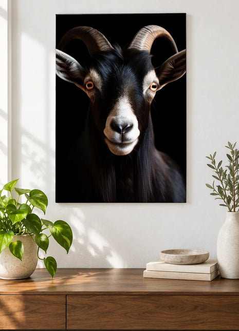 Goat Your Attention (Goat), shown as frameless acrylic artwork above a walnut console against a white wall.