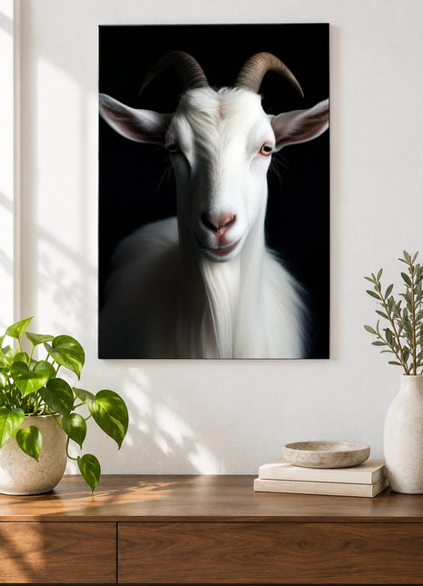 The Little White Beard (Goat), shown as frameless acrylic artwork above a walnut console against a white wall.