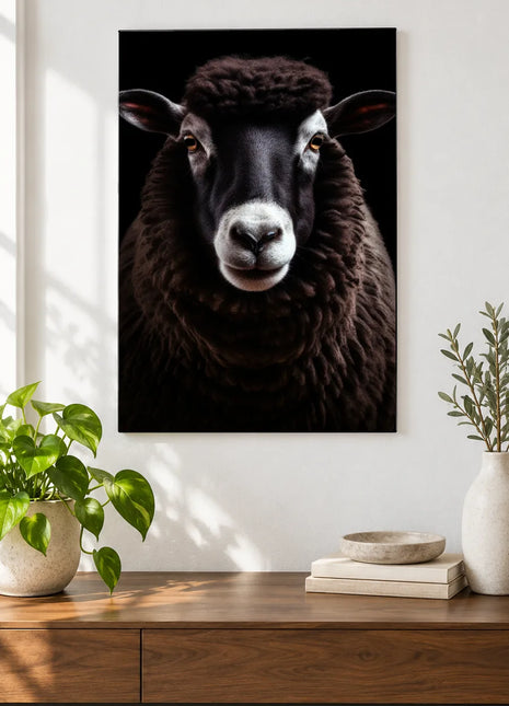 Black Sheep, Bright Spirit (Sheep), shown as frameless acrylic artwork above a walnut console against a white wall.