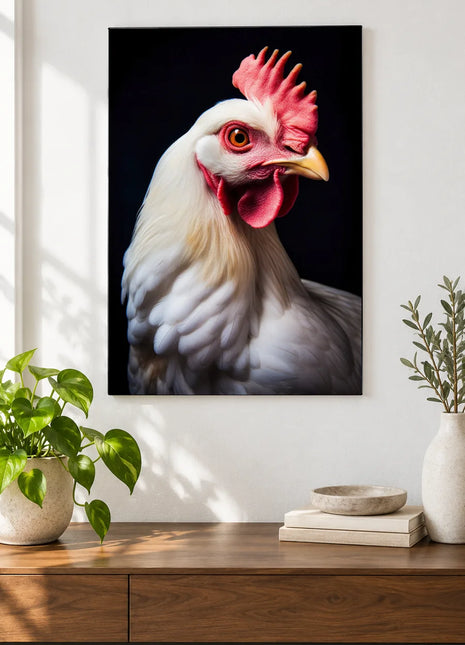 Comb Over Here (Chicken), shown as frameless acrylic artwork above a walnut console against a white wall.