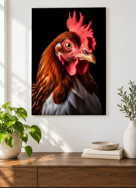 A Peck of Personality (Chicken), shown as frameless acrylic artwork above a walnut console against a white wall.