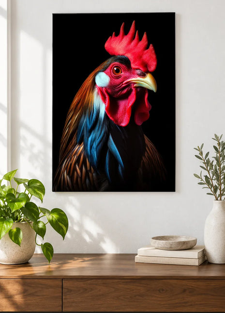 Dressed to Crow (Rooster), shown as frameless acrylic artwork above a walnut console against a white wall.
