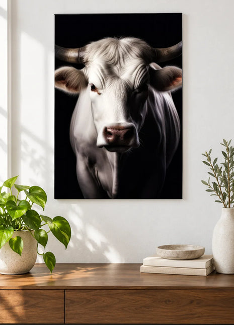 The Gentle Herdmate (Cow), shown as frameless acrylic artwork above a walnut console against a white wall.