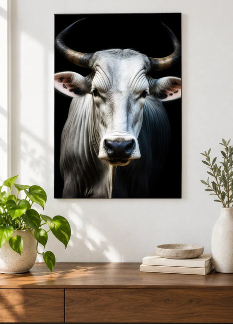 Horns Ahead (Bull), shown as frameless acrylic artwork above a walnut console against a white wall.