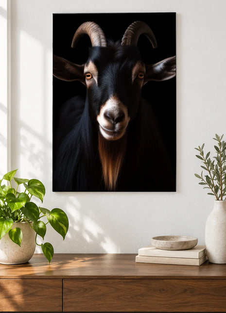 The Bearded Gentleman (Goat), shown as frameless acrylic artwork above a walnut console against a white wall.