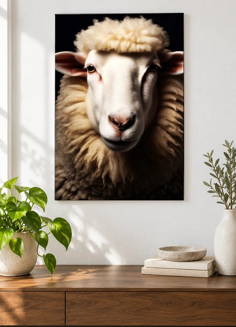 Cloud Nine Fleece (Sheep), shown as frameless acrylic artwork above a walnut console against a white wall.