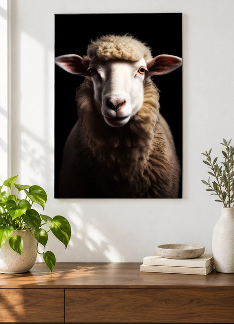 A Sheepish Look (Sheep), shown as frameless acrylic artwork above a walnut console against a white wall.