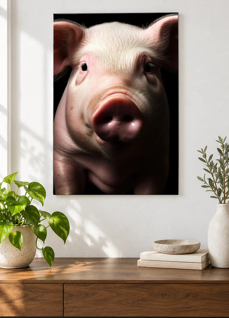 Snout of This World (Pig), shown as frameless acrylic artwork above a walnut console against a white wall.
