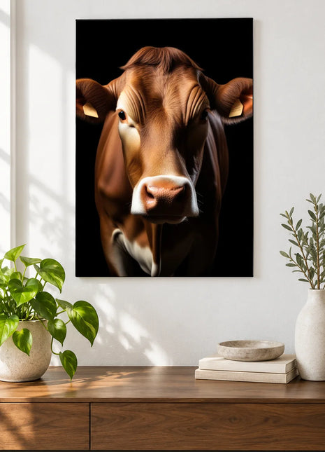 The Look of Moo (Cow), shown as frameless acrylic artwork above a walnut console against a white wall.