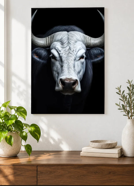 Monochrome Maverick (Bull), shown as frameless acrylic artwork above a walnut console against a white wall.