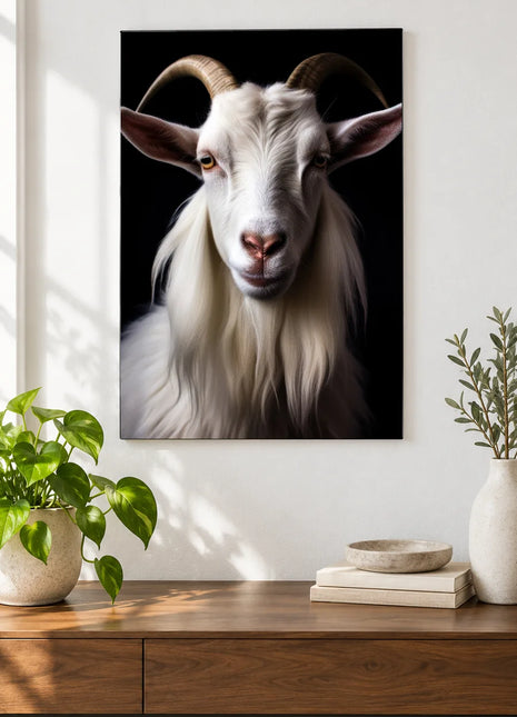 Goatee with the Flow (Goat), shown as frameless acrylic artwork above a walnut console against a white wall.