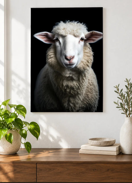 Wool You Look at That (Sheep), shown as frameless acrylic artwork above a walnut console against a white wall.