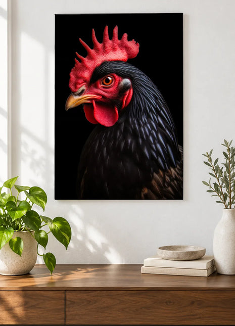 The Midnight Clucker (Chicken), shown as frameless acrylic artwork above a walnut console against a white wall.