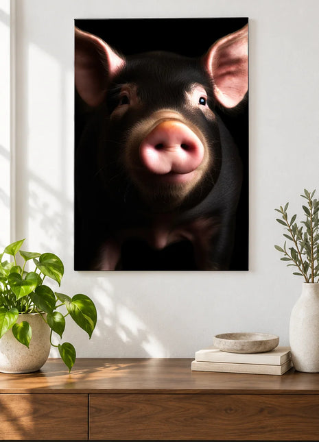 Oink After Dark (Pig), shown as frameless acrylic artwork above a walnut console against a white wall.