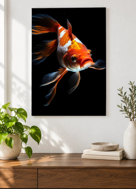 Fins in the Spotlight (Fish), shown as frameless acrylic artwork above a walnut console against a white wall.