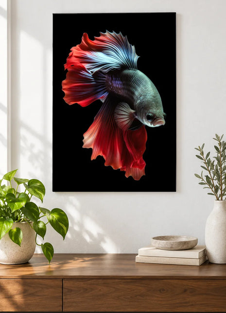 The Fan Club (Fish), shown as frameless acrylic artwork above a walnut console against a white wall.