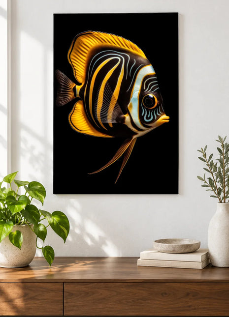 The Ribbon Runner (Fish), shown as frameless acrylic artwork above a walnut console against a white wall.