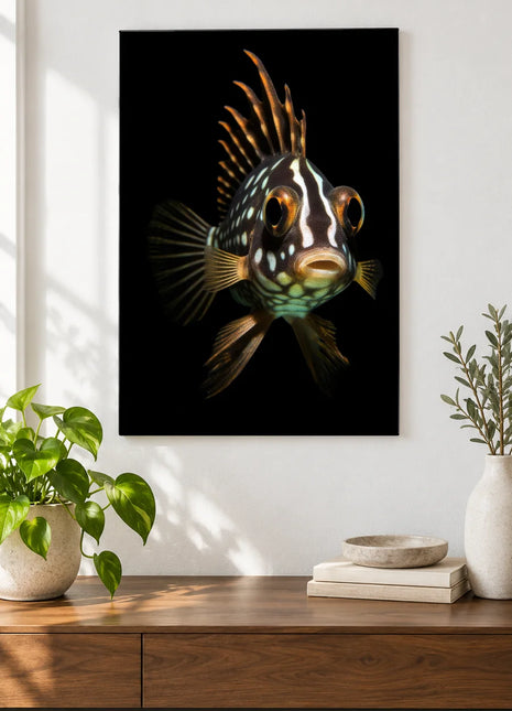 Crowned in the Current (Fish), shown as frameless acrylic artwork above a walnut console against a white wall.