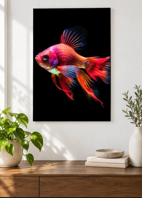 Fin and Fancy (Fish), shown as frameless acrylic artwork above a walnut console against a white wall.