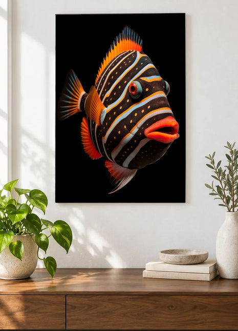 Striped for Success (Fish), shown as frameless acrylic artwork above a walnut console against a white wall.