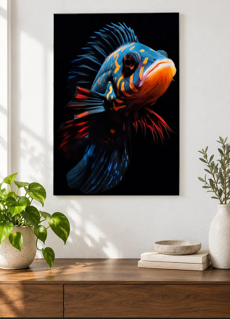 Electric Little Lookout (Fish), shown as frameless acrylic artwork above a walnut console against a white wall.
