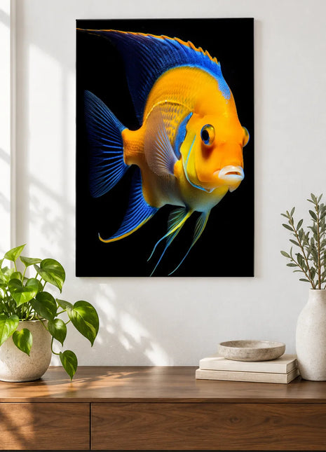 Sunbeam with Fins (Fish), shown as frameless acrylic artwork above a walnut console against a white wall.