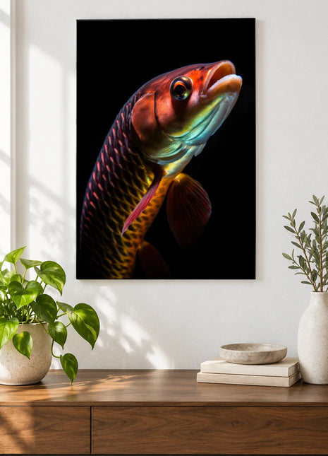 Scales of Wonder (Fish), shown as frameless acrylic artwork above a walnut console against a white wall.