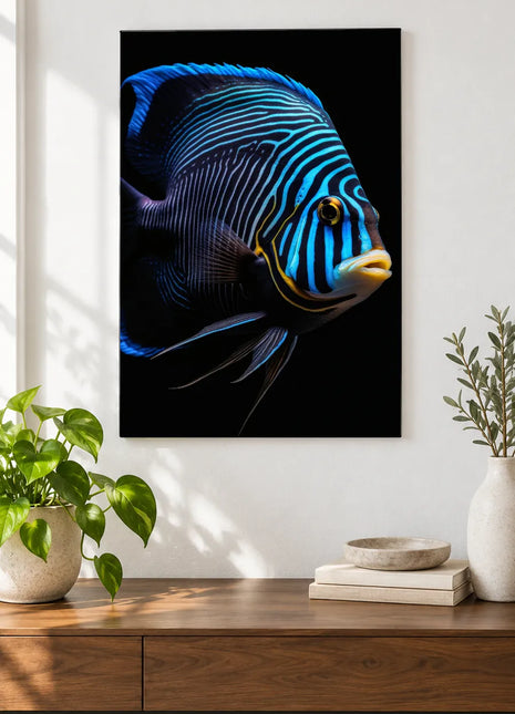 Lines in the Deep (Fish), shown as frameless acrylic artwork above a walnut console against a white wall.