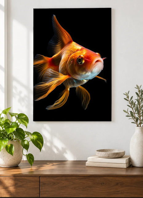 A Golden Hello (Goldfish), shown as frameless acrylic artwork above a walnut console against a white wall.