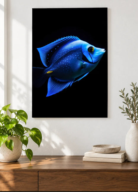 Blue Streak (Fish), shown as frameless acrylic artwork above a walnut console against a white wall.