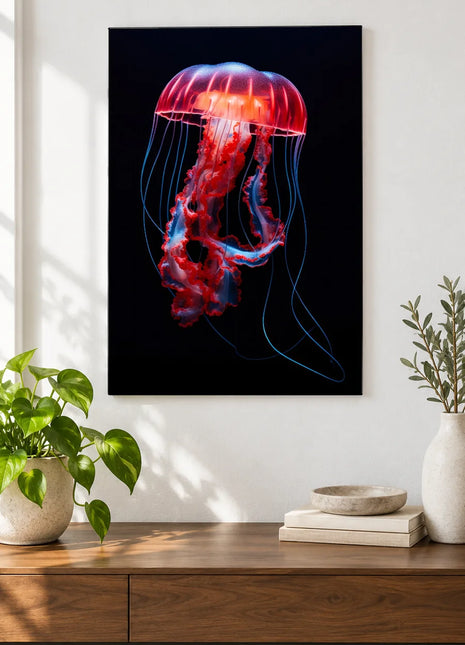 Drift and Dazzle (Jellyfish), shown as frameless acrylic artwork above a walnut console against a white wall.