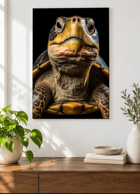 Shell We Meet (Turtle), shown as frameless acrylic artwork above a walnut console against a white wall.