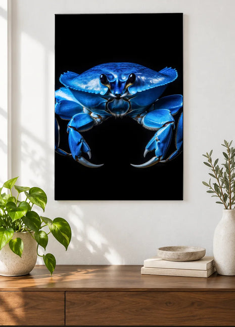 Claws for Applause (Crab), shown as frameless acrylic artwork above a walnut console against a white wall.