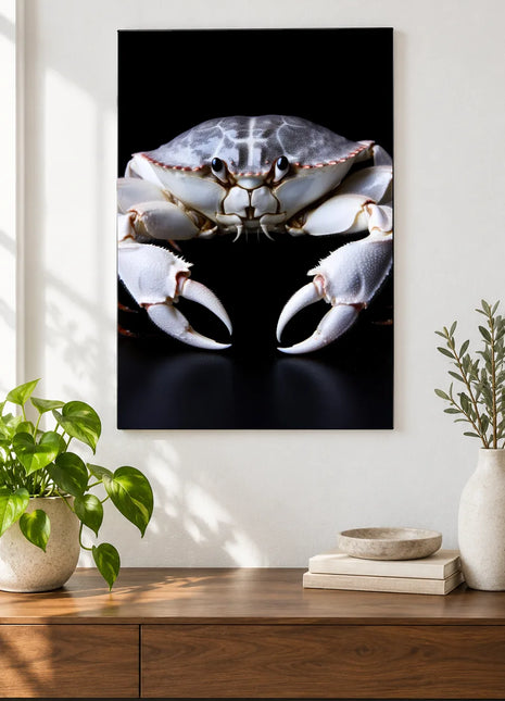 Claws and Effect (Crab), shown as frameless acrylic artwork above a walnut console against a white wall.