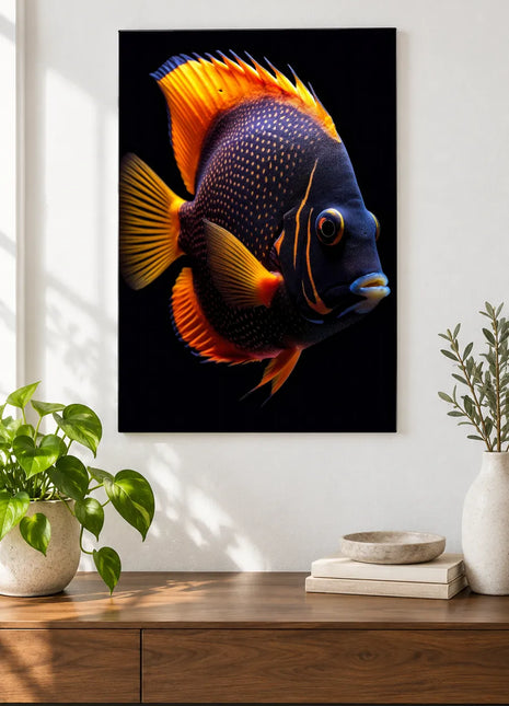 Spots and Sparks (Fish), shown as frameless acrylic artwork above a walnut console against a white wall.