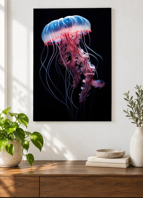 The Soft Drift (Jellyfish), shown as frameless acrylic artwork above a walnut console against a white wall.