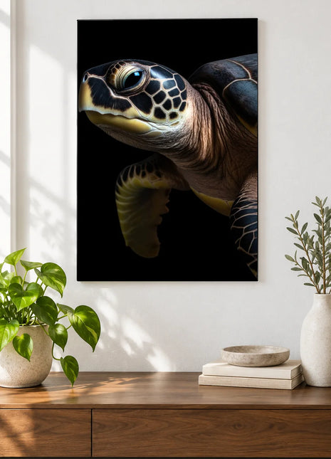 A Sea of Curiosity (Sea Turtle), shown as frameless acrylic artwork above a walnut console against a white wall.