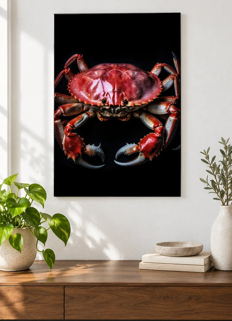 Sideways Swagger (Crab), shown as frameless acrylic artwork above a walnut console against a white wall.