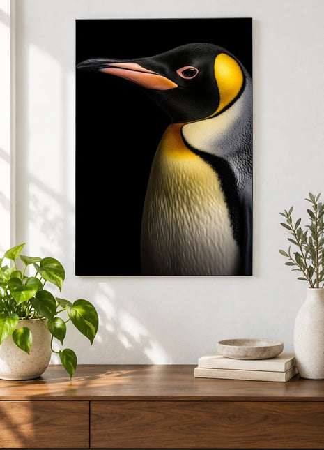 Black-Tie Cruise (Penguin), shown as frameless acrylic artwork above a walnut console against a white wall.