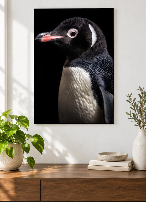 A Penguin's Good Side (Penguin), shown as frameless acrylic artwork above a walnut console against a white wall.
