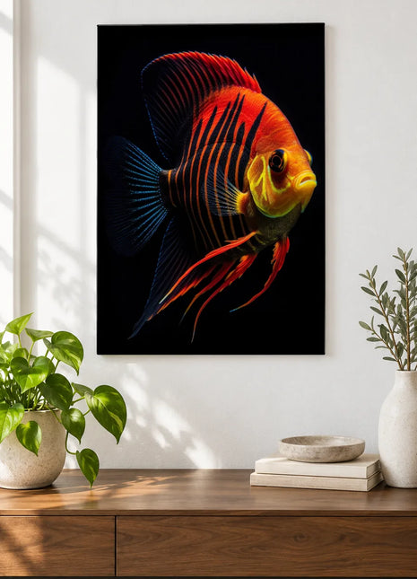 Little Fire Fin (Fish), shown as frameless acrylic artwork above a walnut console against a white wall.