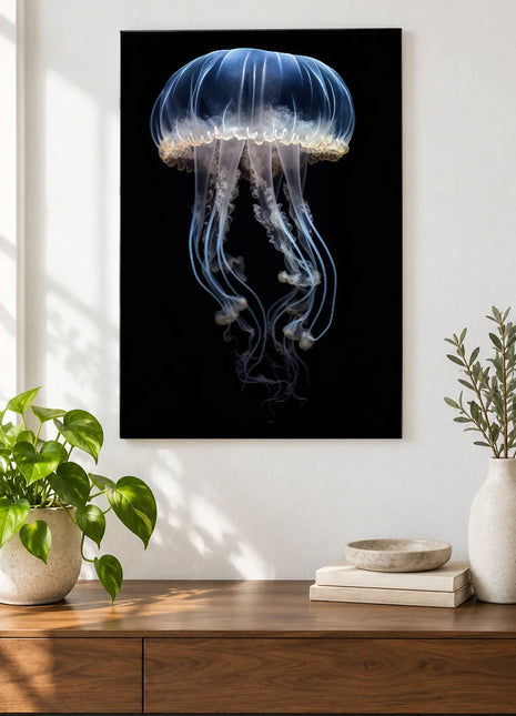 Glass Bell Ballet (Jellyfish), shown as frameless acrylic artwork above a walnut console against a white wall.