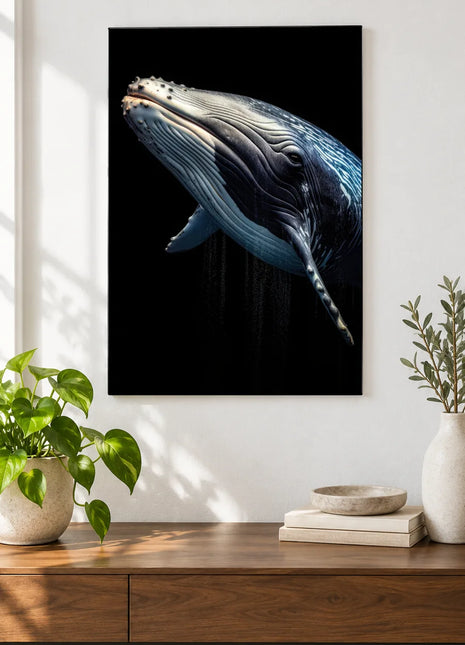 The Great Upturn (Whale), shown as frameless acrylic artwork above a walnut console against a white wall.