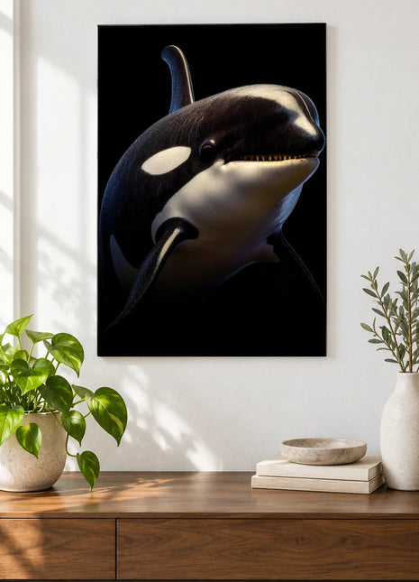 The Tuxedo Swimmer (Orca), shown as frameless acrylic artwork above a walnut console against a white wall.