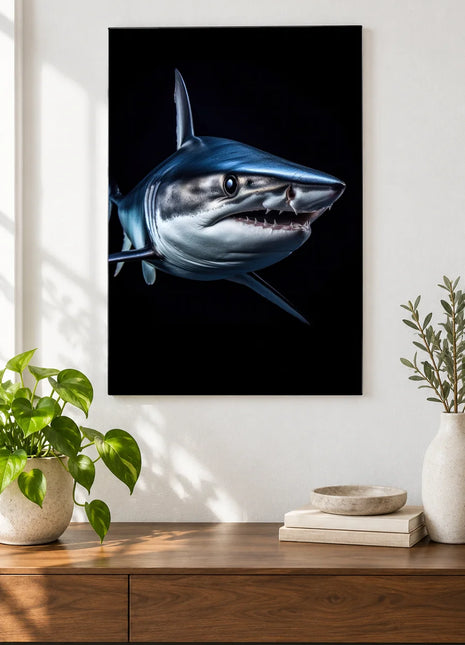 Point Taken (Shark), shown as frameless acrylic artwork above a walnut console against a white wall.