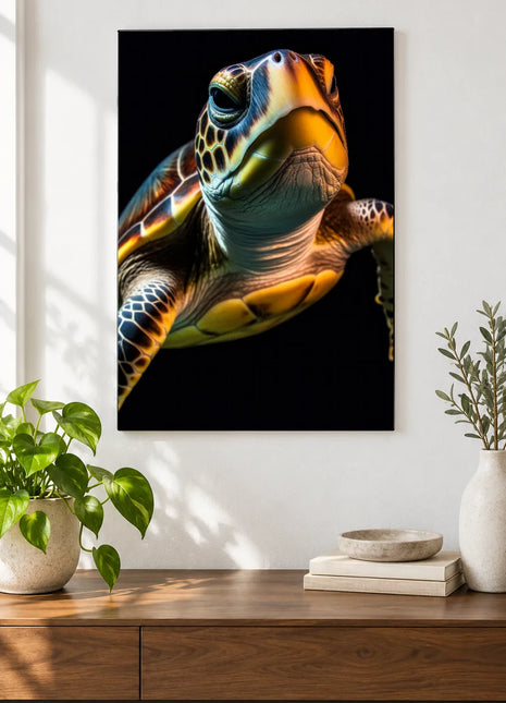 Shell on Show (Sea Turtle), shown as frameless acrylic artwork above a walnut console against a white wall.